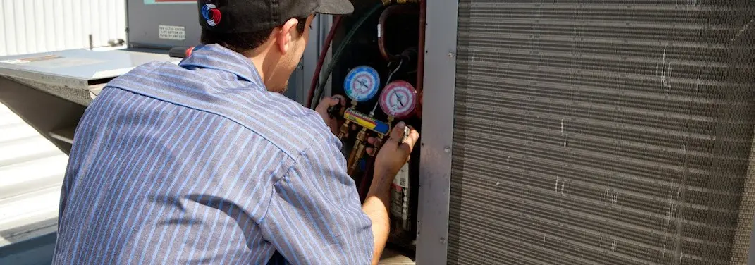 HVAC technician servicing a condenser unit in Wesley Chapel